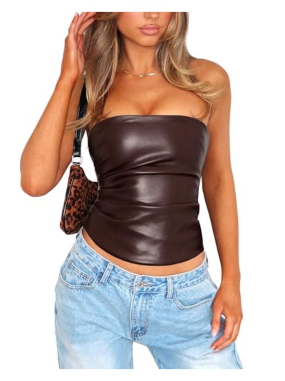 Strapless PU Leather Ruched Tube Top Sleeveless Club Crop Zip Fitted Y2k